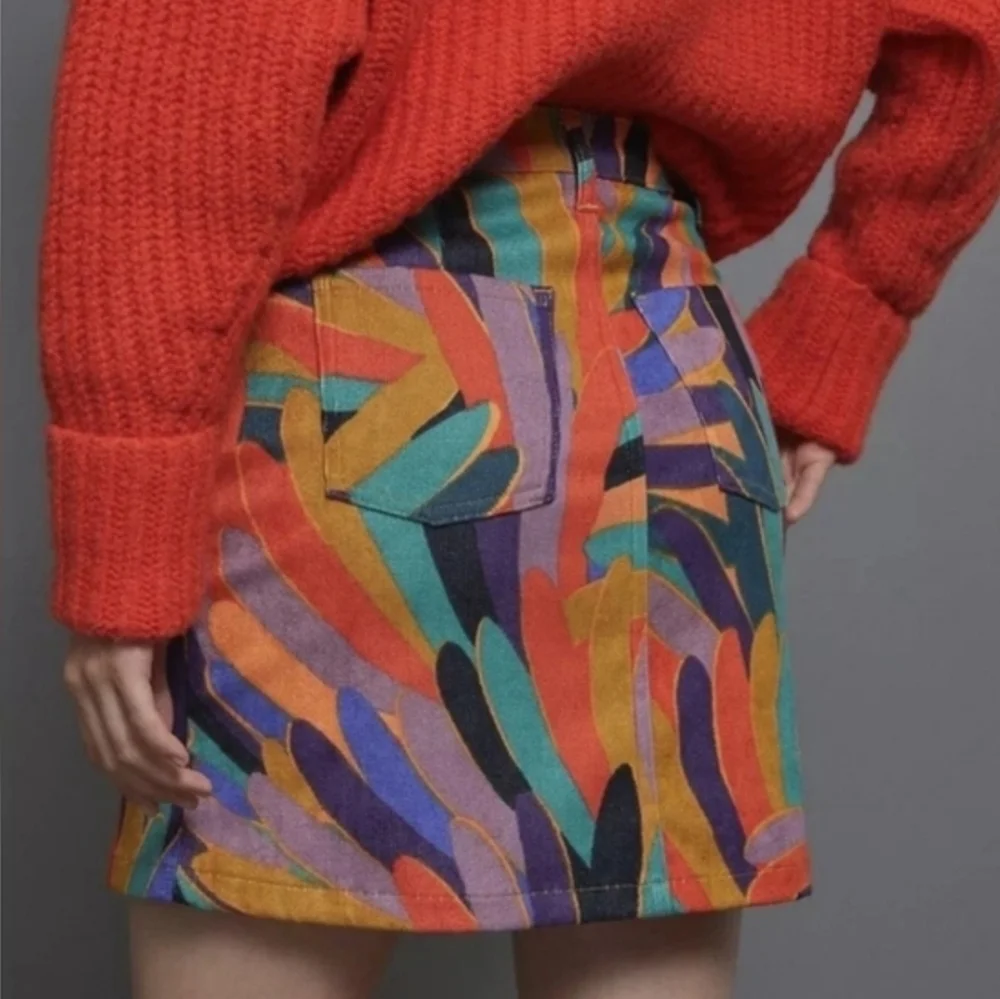 FARM RIO × Anthropologie Kiki Red Abstract Corduroy ButtonFront Mini Skirt S New